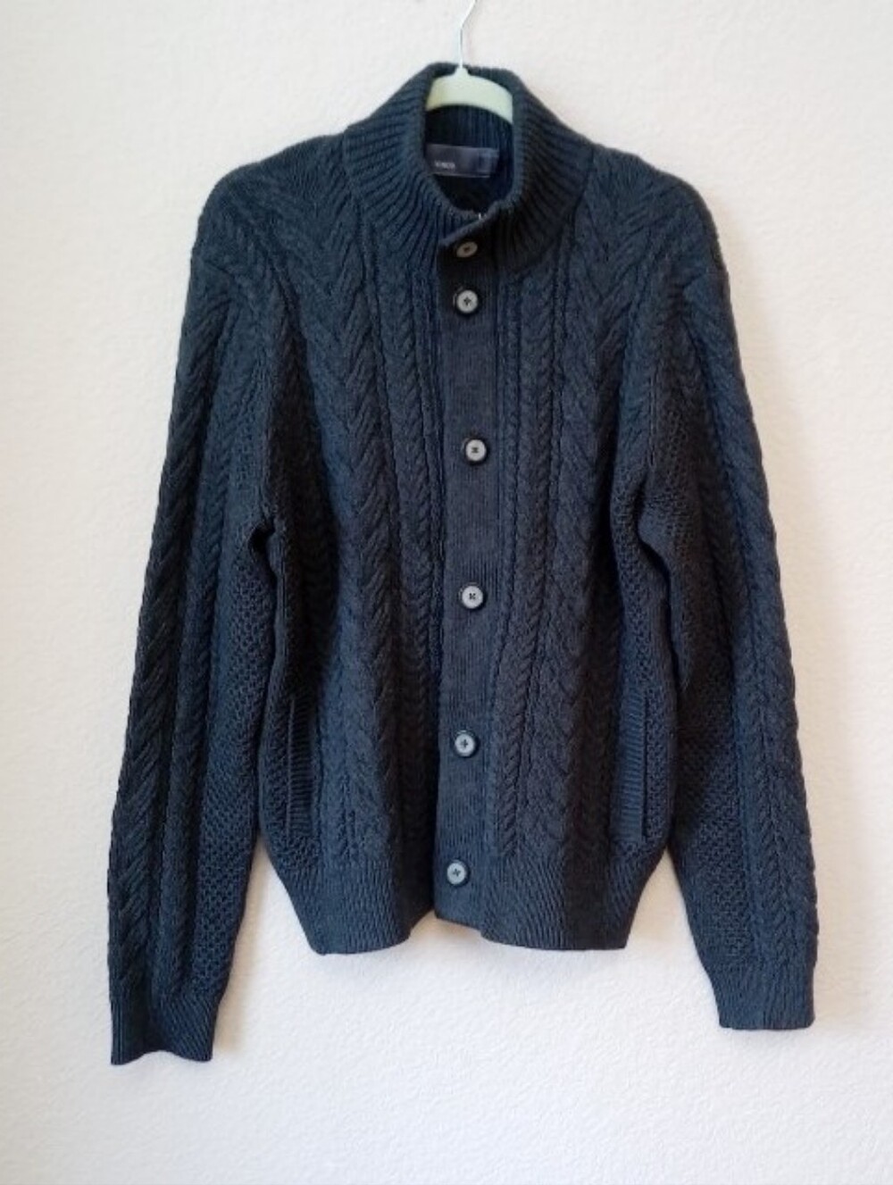 Vince cable-knit 100% wool charcoal gray double zip and button cardigan sweater